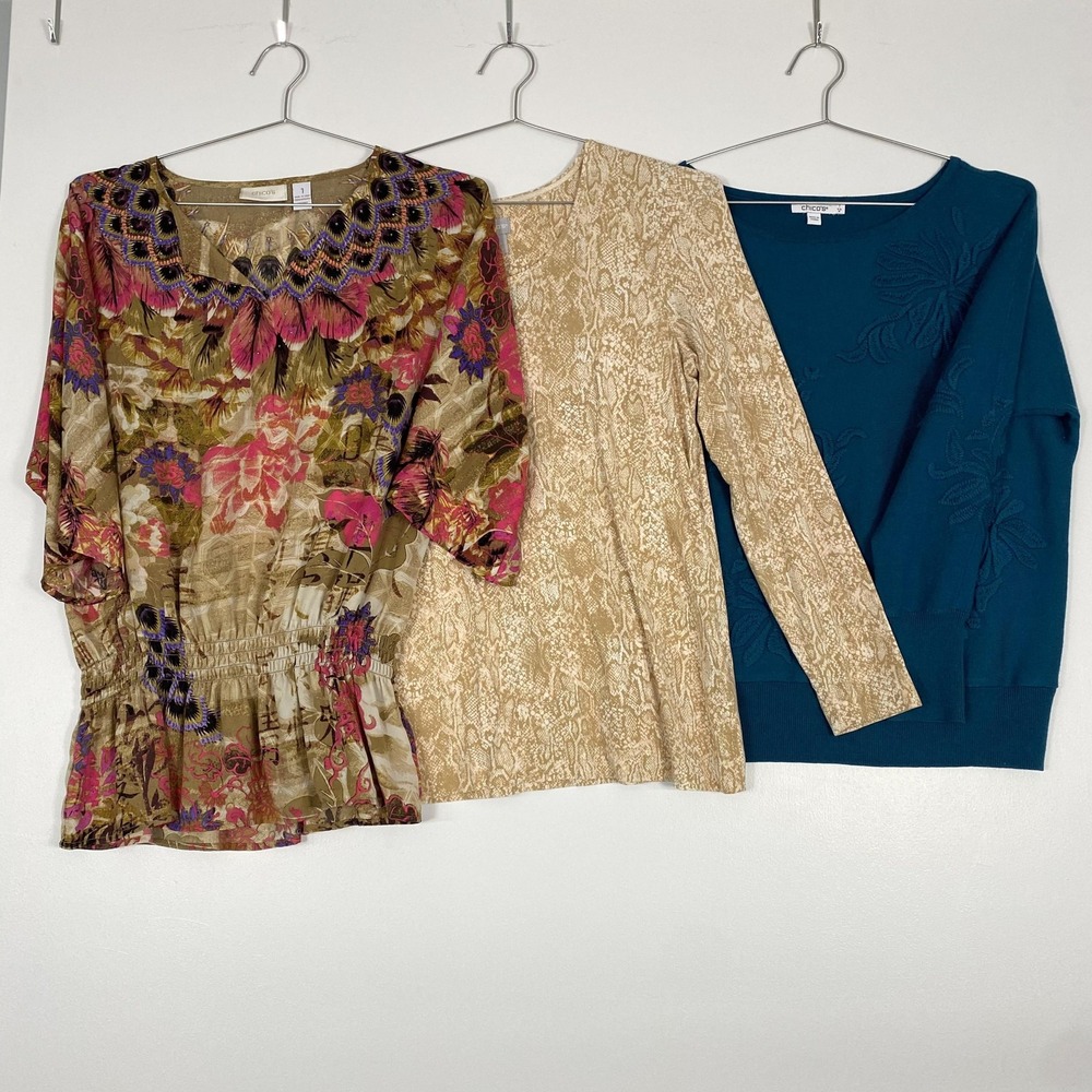 Chicos Tops Womens Medium Bundle 3 Teal Sweater‎ Snake Print Boho Tunic Blouse